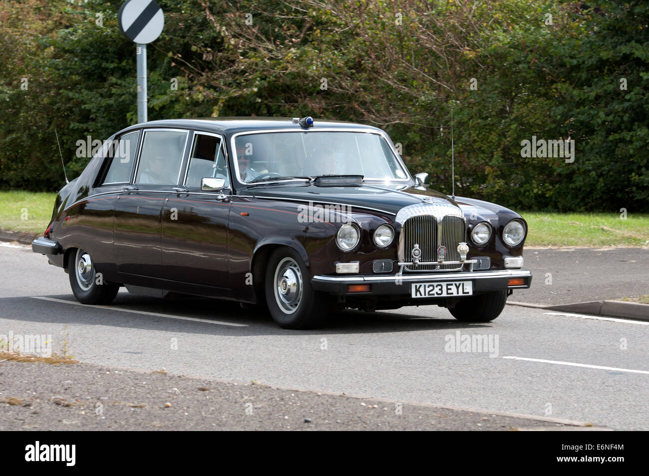 1992 Daimler DS420, formerly the Queen Mother`s car, on the Fosse Way road, Warwickshire, UK Stock Photo